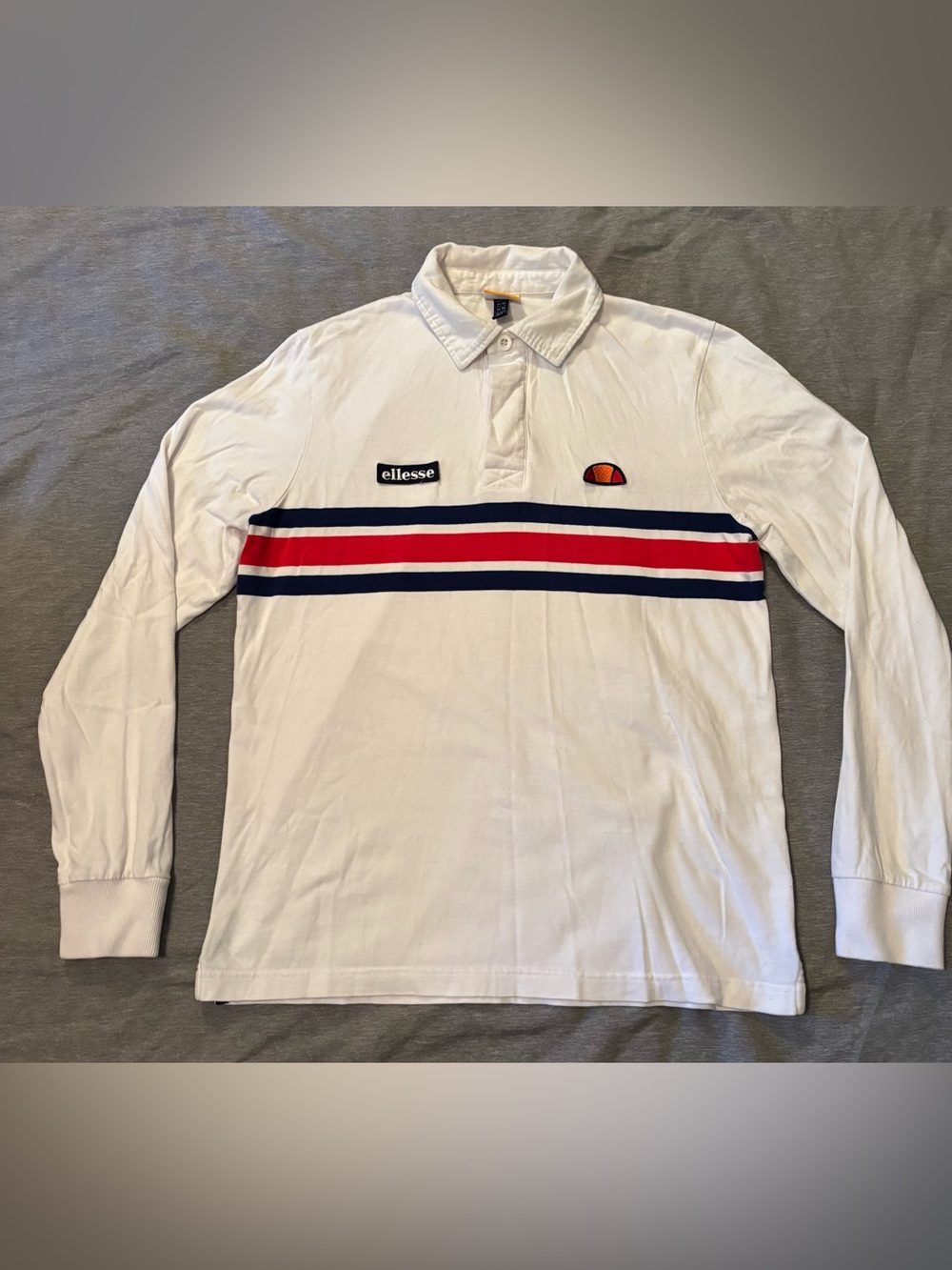 Ellesse White Rugby L/S Polo with Red & Navy Stripe and Patches Medium Men